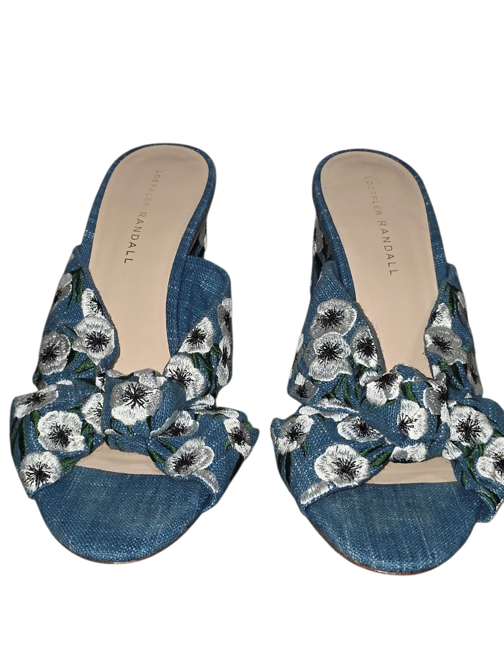Loeffler Randall Coco Floral Embroidered Knot Mule Heels Blue Denim Slides Sz 10